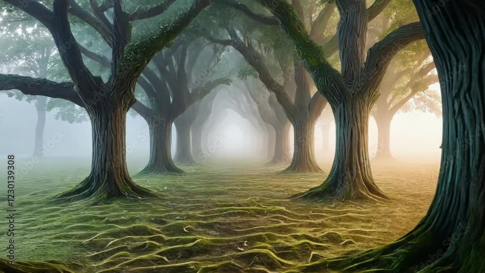 A deep forest scene with eerie, elongated shadows cast by invisible figures in dense morning mist. The fog glows faintly, hinting at a supernatural presence