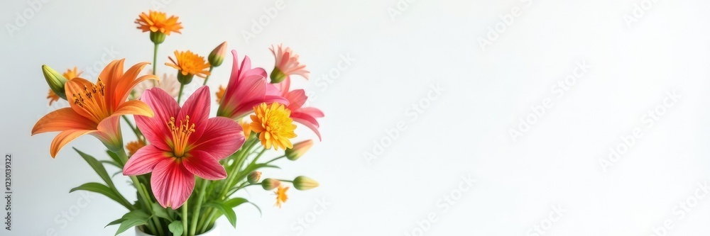 A bouquet of wildflowers placed against a plain white background, flowers in a vase, lily A bouquet of wildflowers placed against a plain white background, flowers in a vase, lily
