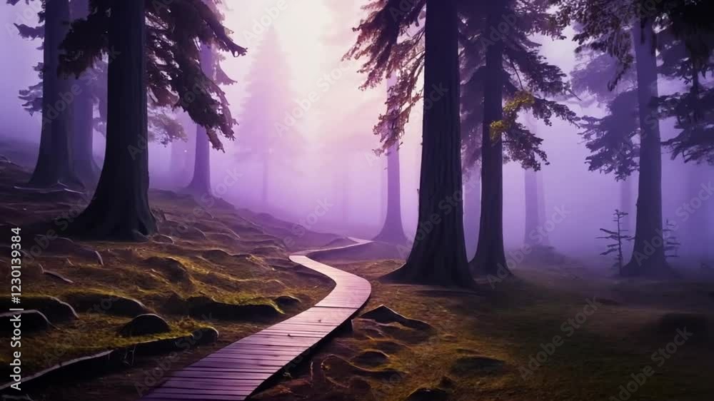 A deep forest scene with eerie, elongated shadows cast by invisible figures in dense morning mist. The fog glows faintly, hinting at a supernatural presence