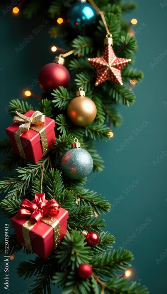 Fototapeta premium A fir twig garland adorned with colorful star-shaped ornaments, small gift boxes, and sparkling baubles, garland, holiday, stars