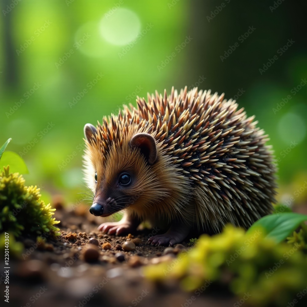 Naklejka premium a hedgehog curled up in a ball on the forest floor, prickly, spines