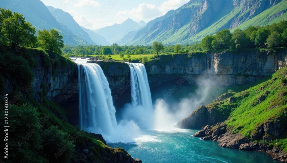 Naklejka premium A majestic waterfall cascading down a rocky cliff amidst the surrounding mountains, waterfall, greenery