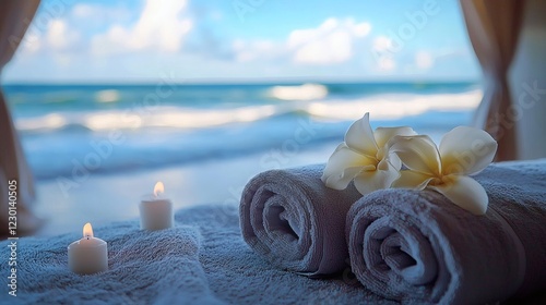 Luxury spa pavilion on a secluded beach ocean breeze and soft waves professional massage experience ultimate relaxation Stock Photo with side copy space