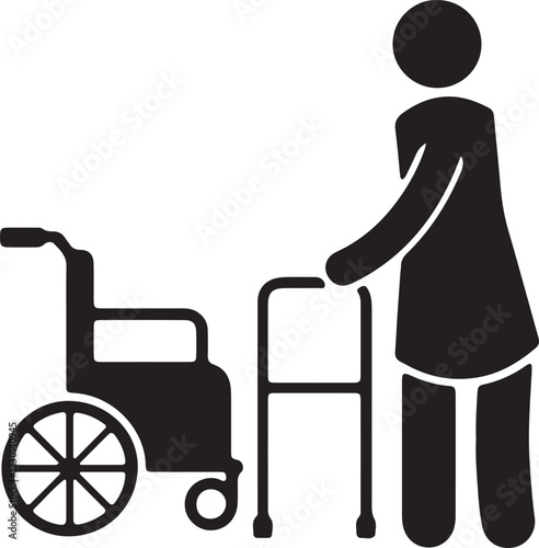 An illustration of a stick figure unable to walk, using a support or wheelchair
