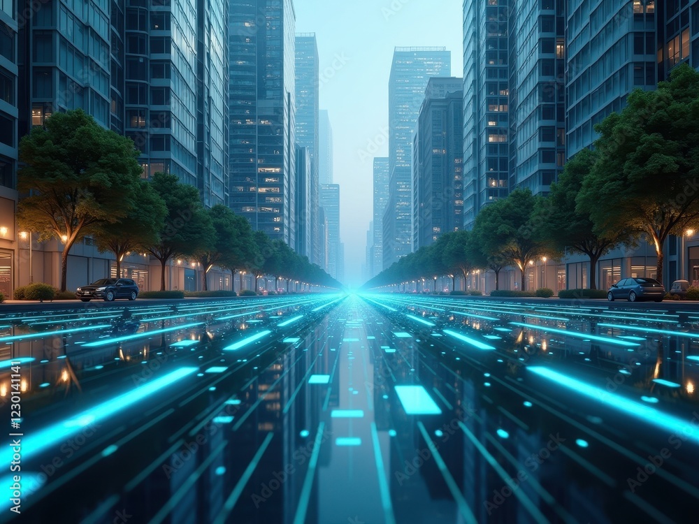 Fototapeta premium Exploring AI efficiency and energy consumption in urban environments with a focus on ecological aspects at twilight