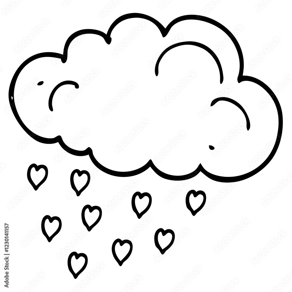 Romantic Cloud with Heart Showers Line Drawing Romantic Cloud with Heart Showers Line Drawing