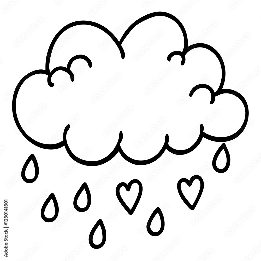 Romantic Cloud with Heart Showers Line Drawing Romantic Cloud with Heart Showers Line Drawing