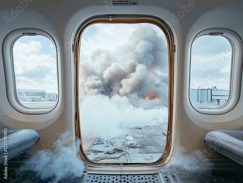 Smoke billows from an airport terminal as passengers watch in disbelief from an airplane cabin. Generative AI