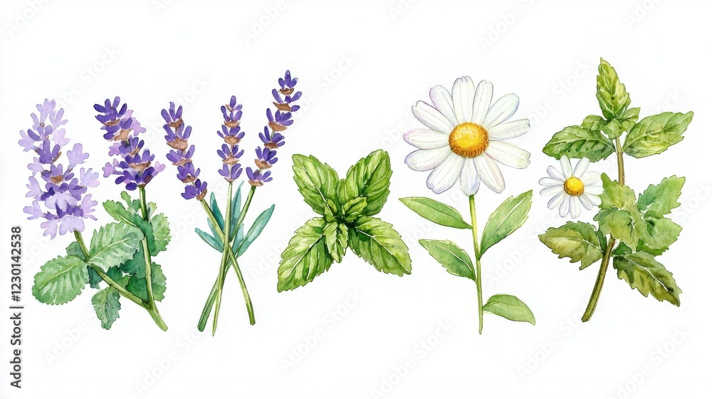 Fototapeta premium A collection of hand-painted herbs and flowers, including lavender, mint, and daisies, showcasing vibrant colors and intricate details.
