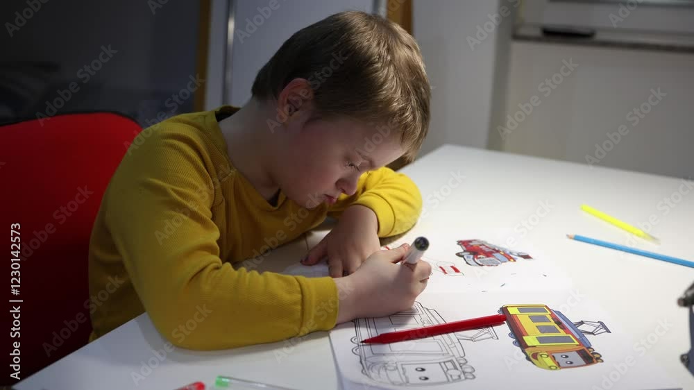 Cute little boy with Down syndrome  is sitting on the desk and colouring in his colouring book. Candid, diverse and authentic people. Homework, education, fun. Kids with disabilities. 21st of March. 