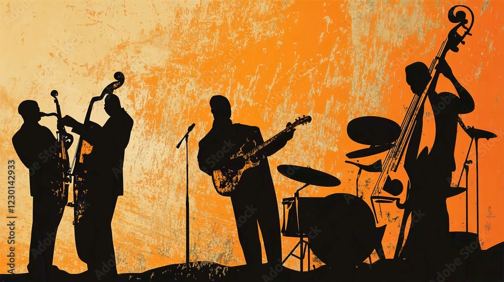 Fototapeta premium Jazz Band Silhouettes Playing Instruments in Concert Illustration
