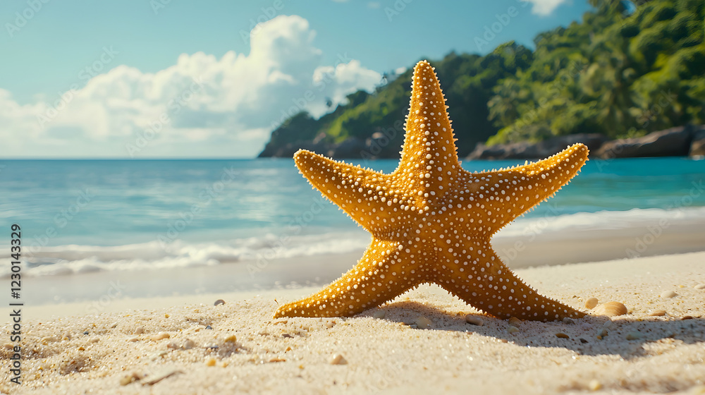 Vibrant Starfish on Sandy Beach with Clear Blue Ocean Background Vibrant Starfish on Sandy Beach with Clear Blue Ocean Background