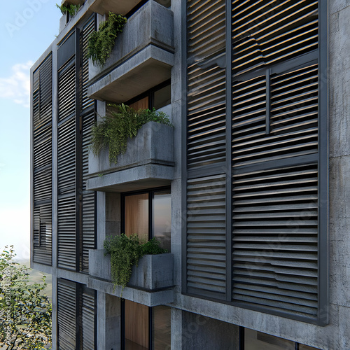 Modern apartment building exterior, city view