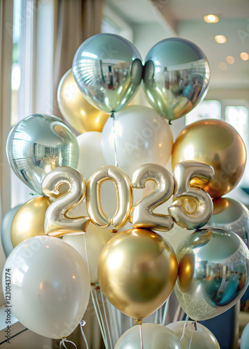 Tight frame of golden and silver balloons with “2025” printed on them photo