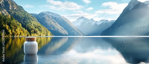 Polluted reservoir reflecting the majestic mountains and clouds in a serene picturesque landscape  The calm mirror like surface is marred by the presence of discarded bottles and other waste photo