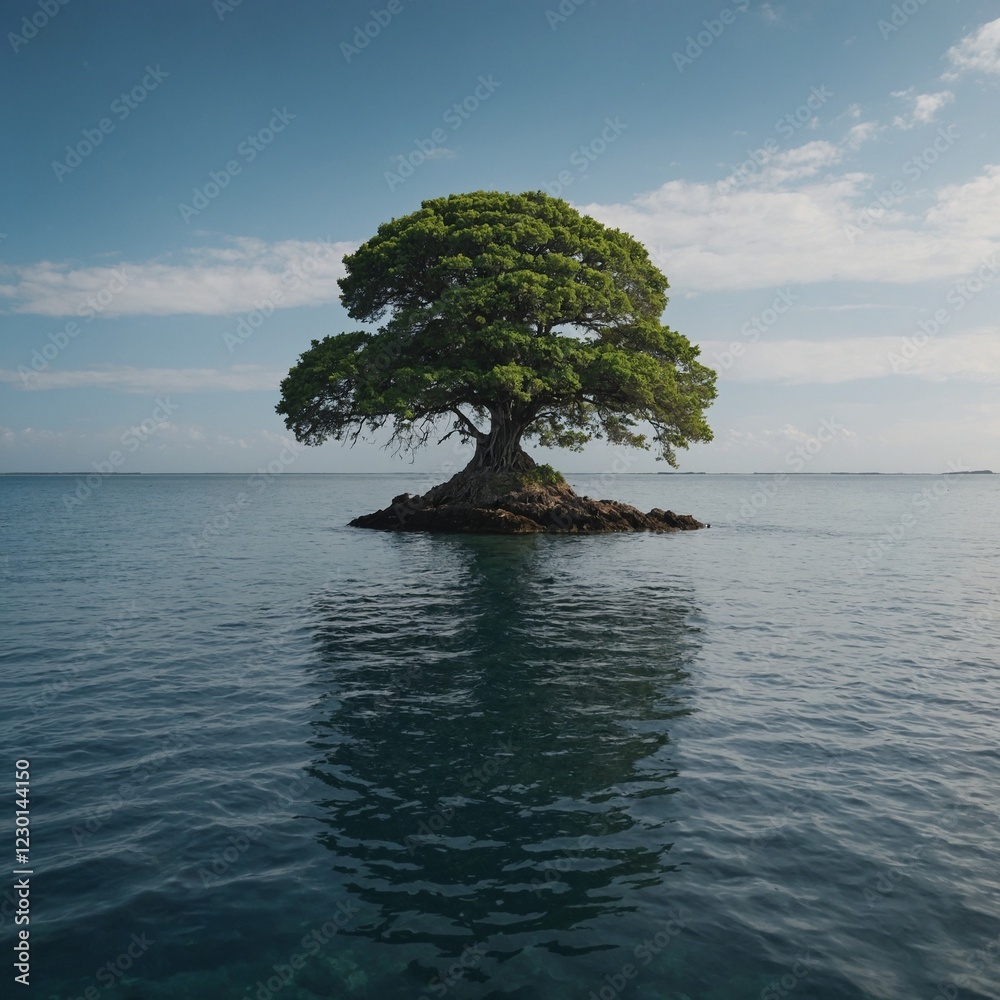 A small island with a single tree, surrounded by an infinite sea A small island with a single tree, surrounded by an infinite sea