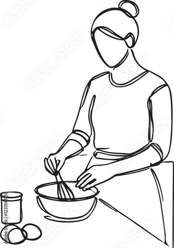Simple Line Drawing of Woman Cooking Food in Kitchen - Vector Art