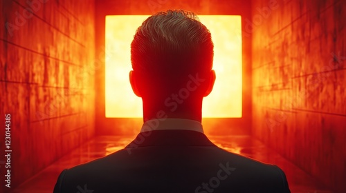 A man is standing in front of a television screen that is lit up red