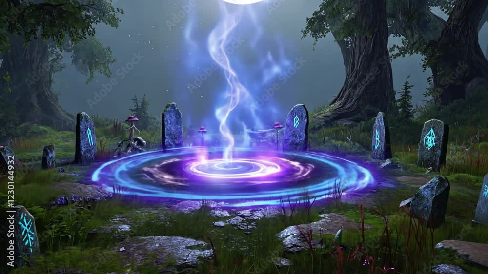 A swirling blue and purple vortex in the middle of an enchanted dark forest, with eerie runes glowing on the ancient stones surrounding it