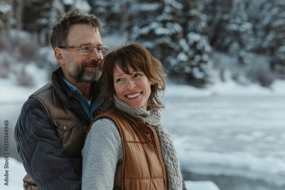 Portrait of a content couple in their 30s dressed in a polished vest in backdrop of a frozen winter lake Portrait of a content couple in their 30s dressed in a polished vest in backdrop of a frozen winter lake