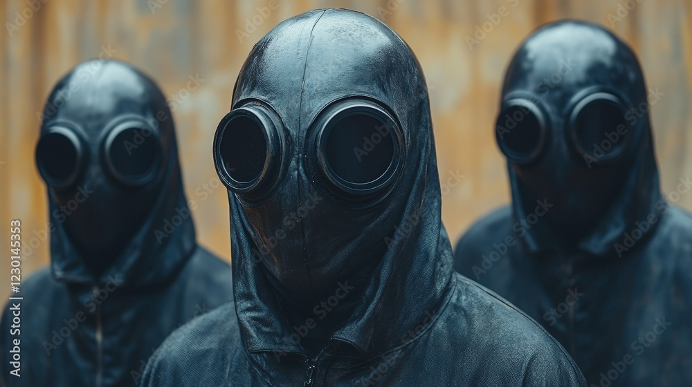 Three people wearing black masks and goggles stand in front of a yellow wall Three people wearing black masks and goggles stand in front of a yellow wall