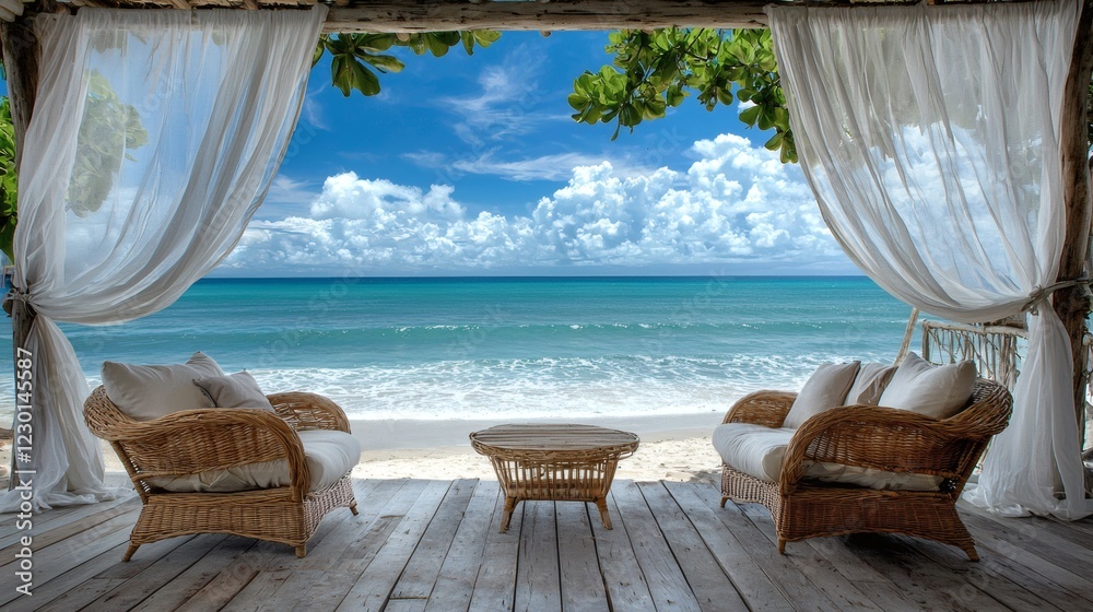 Obraz premium Minimalist tropical glamping setup rattan furniture cozy cushions sheer white curtains fluttering in the ocean breeze peaceful beach retreat Stock Photo with side copy space