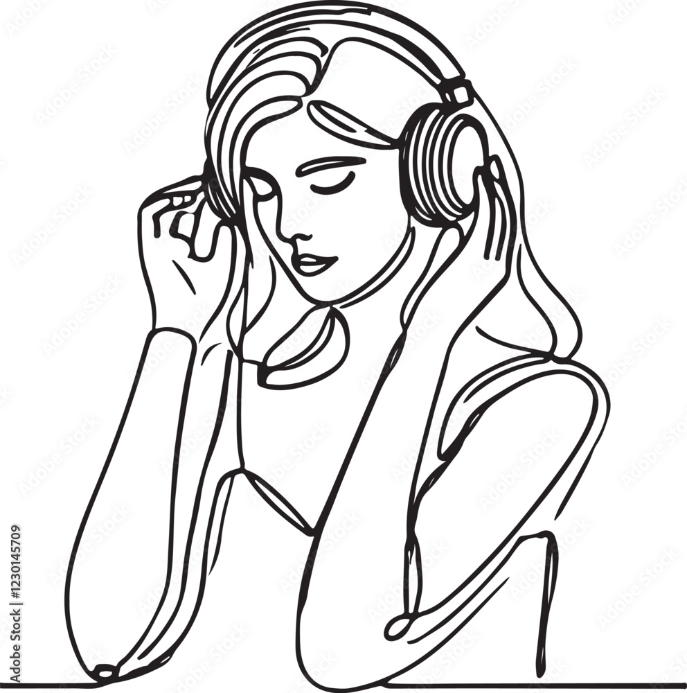 Modern Line Drawing of Young Woman with Headphones - Vector Art Modern Line Drawing of Young Woman with Headphones - Vector Art