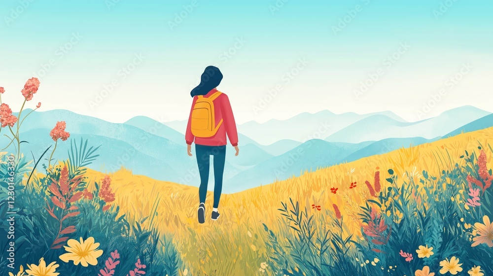Cartoon illustration. A young woman, embracing adventure, walks towards a majestic mountain range in a whimsical illustration. A yellow field of wildflowers adds a vibrant touch.Generative ai. Cartoon illustration. A young woman, embracing adventure, walks towards a majestic mountain range in a whimsical illustration. A yellow field of wildflowers adds a vibrant touch.Generative ai.