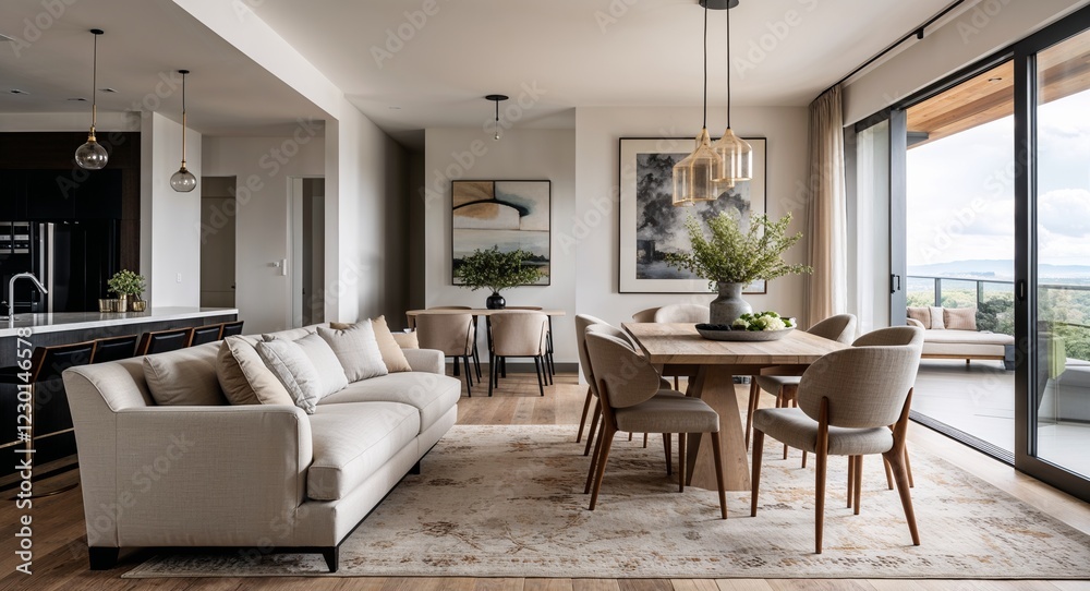 Open plan space with neutral sofa and dining table Open plan space with neutral sofa and dining table