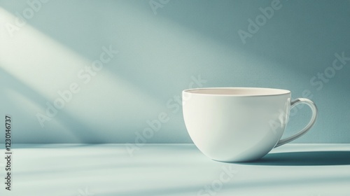 Wallpaper Mural Sunlit white mug on blue table, calm background Torontodigital.ca