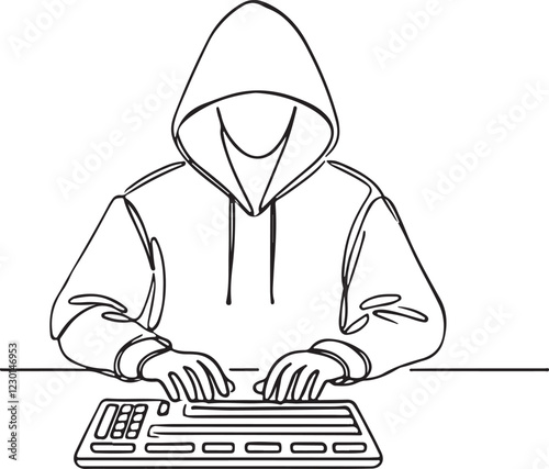 Modern Computer Hacker Stereotype in Line Drawing Style