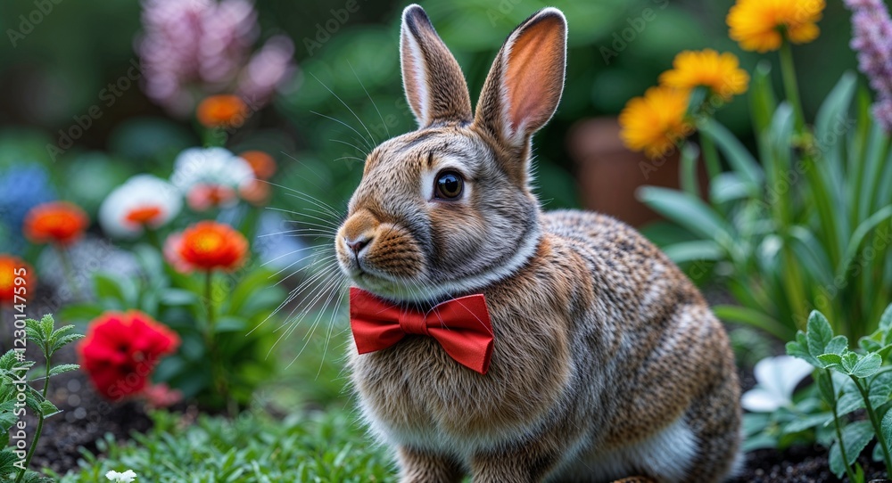 Rabbit wearing a bow tie in a garden Rabbit wearing a bow tie in a garden