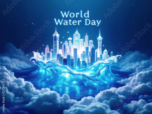 World water day celebration: illuminated cityscape amidst ocean waves for environmental awareness photo