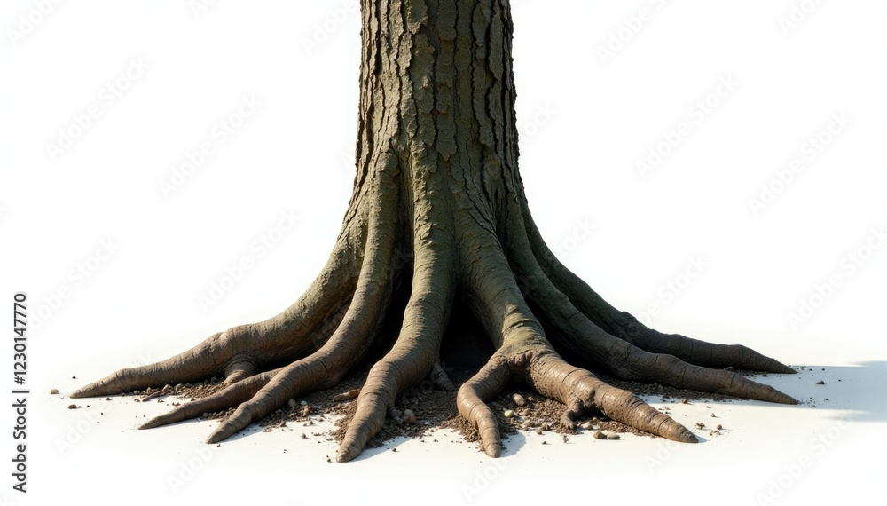 Fototapeta premium Isolated tree roots against a plain white background with a focus on shadows and highlights, , highlight, shadow