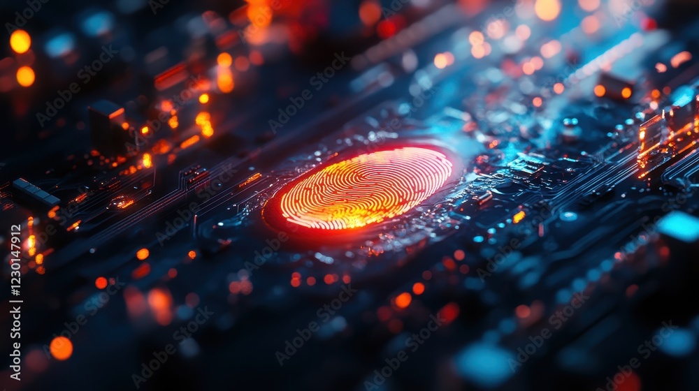 A close-up of a futuristic fingerprint scan on a sleek, illuminated circuit board, symbolizing cybersecurity innovation. A close-up of a futuristic fingerprint scan on a sleek, illuminated circuit board, symbolizing cybersecurity innovation.