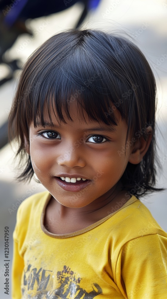 Bright-eyed child smiles warmly under soft sunlight in an outdoor setting while wearing a cheerful yellow shirt during a clear daytime Bright-eyed child smiles warmly under soft sunlight in an outdoor setting while wearing a cheerful yellow shirt during a clear daytime