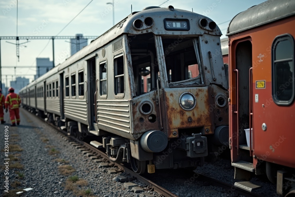 A close-up of a crumpled train carriage, showing the details of the wreckage and broken windows. In the background, emergency teams are seen assessing the situation A close-up of a crumpled train carriage, showing the details of the wreckage and broken windows. In the background, emergency teams are seen assessing the situation