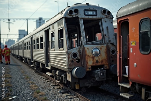 A close-up of a crumpled train carriage, showing the details of the wreckage and broken windows. In the background, emergency teams are seen assessing the situation
