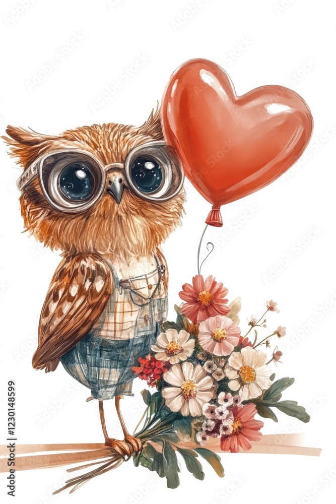Naklejka premium Valentine day card with cute owl holding bouquet of flowers and red balloon in heart shape on white background