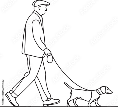 Elderly Man and Wiener Dog Walking Together. Vector Line Art Illustration