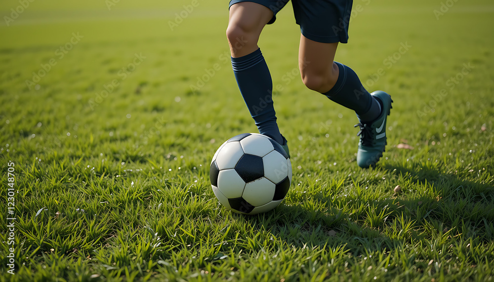 A footballer kicking a classic black and FIFA ball on a lush green grass field, captured in mid-action with a Styling and Professional Pose. A footballer kicking a classic black and FIFA ball on a lush green grass field, captured in mid-action with a Styling and Professional Pose.