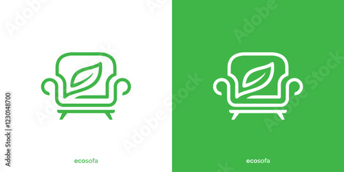 Simple Eco Sofa Logo. Couch Sofa and Leaf Graphic Icons. Nature Furniture Logo Design Template.