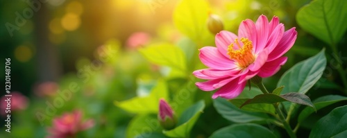 Lush foliage and blooming flower in the warm sunlight, floral, petals, flowers