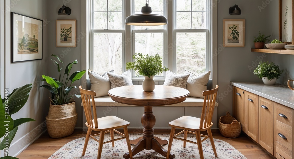 Small dining nook with round table and light wood chairs