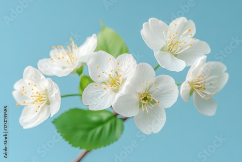 Branch with delicate white cherry blossoms and green leaves on a bright blue background with soft lighting