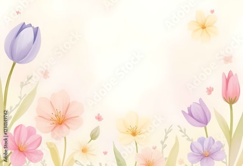 Soft pastel tulip background with gentle pink, lavender, and buttery yellow flowers