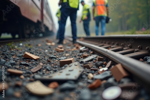 Wallpaper Mural A close-up of scattered debris from a train crash, including pieces of metal and personal belongings. Emergency responders are seen working in the blurred background Torontodigital.ca