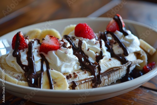 Banana split covered with chocolate sauce and whipped cream, decorated with strawberries and chocolate chips