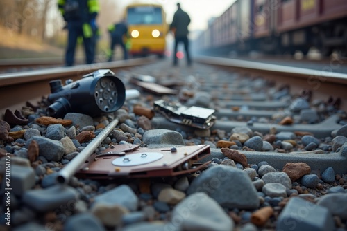 A close-up of scattered debris from a train crash, including pieces of metal and personal belongings. Emergency responders are seen working in the blurred background photo