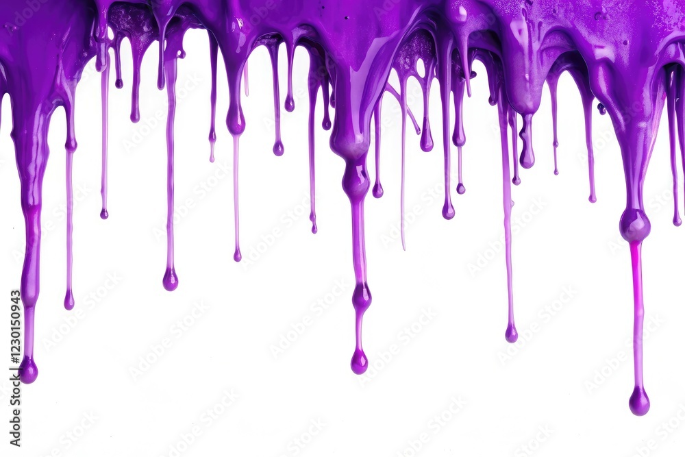 Fototapeta premium Purple paint splattering on a white background as it drips slowly, paint spill, artistic expression, artist's studio, abstract art, studio art